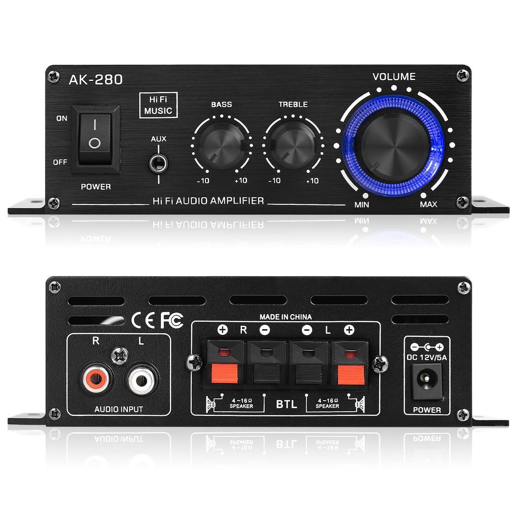 Nobsound Mini Stereo Amplifier, 40W X 2, Independent Treble and Bass Adjustment ±10dB, 155mm Ultra Compact, Blue LED for Car and Home Use