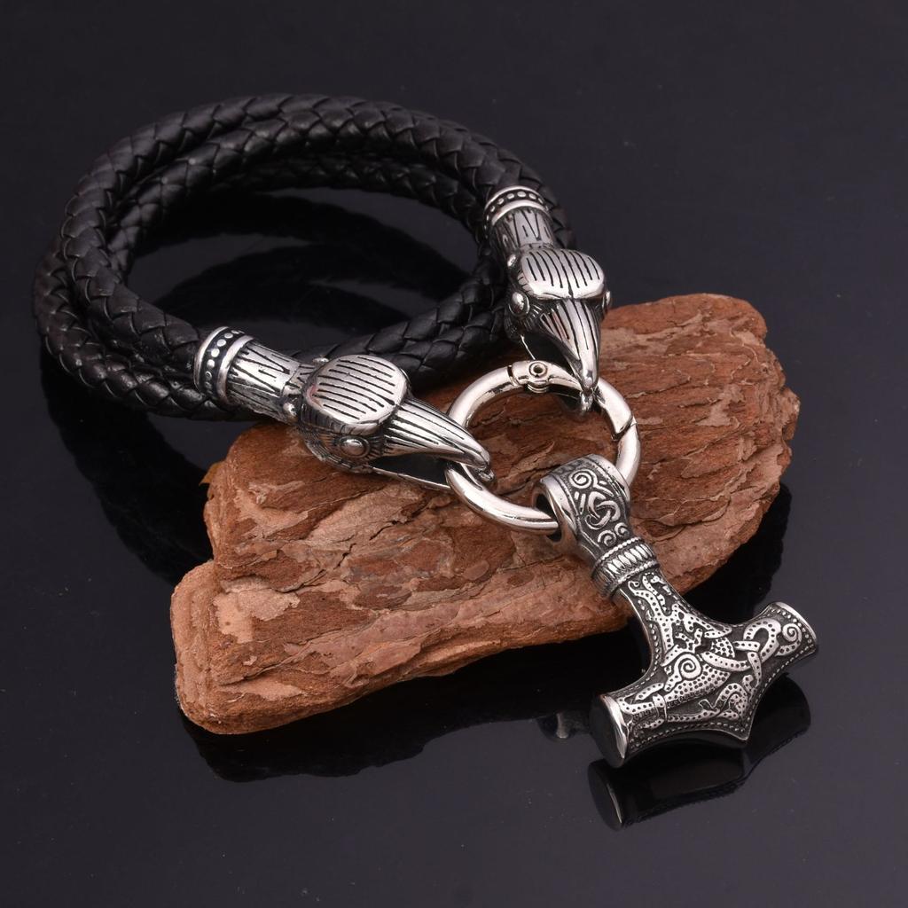 Nordic Viking Stainless Steel Odin Raven Thor 'S Hammer Pendant Necklace Men 'S Necklace