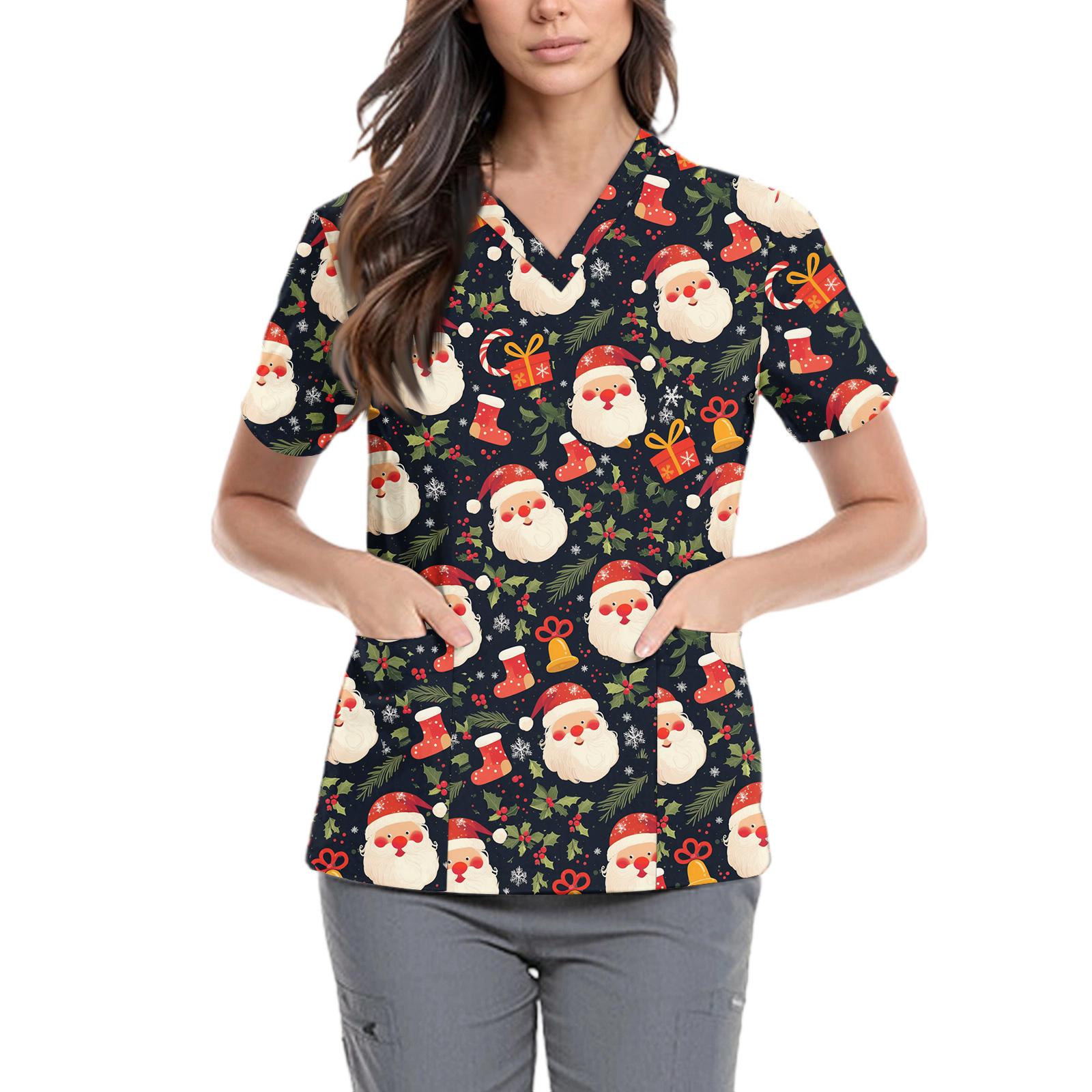 

Women s Cute Bow Printed Work Clothes V-neck Double Layer Pockets Basic Short Sleeve Top Pullover L