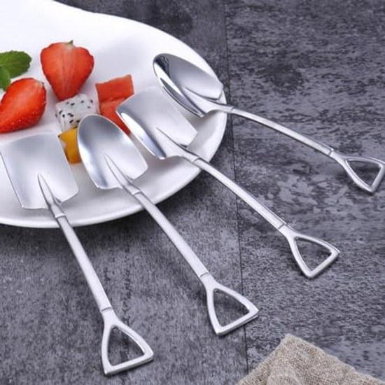 PACKOVE silver stainless steel fruit spoon portable small hanging loop creative spade-shaped shovel ideal cake pudding convenient afternoon tea set 4.