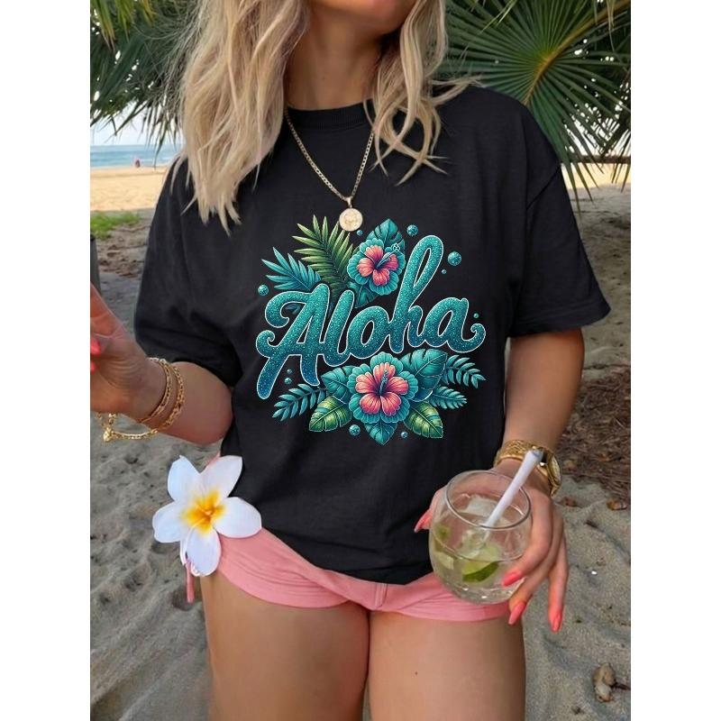 Frühling/Sommer Damen Oberteil, Frischer Stil, Hibiskusblüten- und Tropenblatt-Print, "Aloha" Schriftzug, Täglich Lässig, Modischer Lockerer Schnitt,