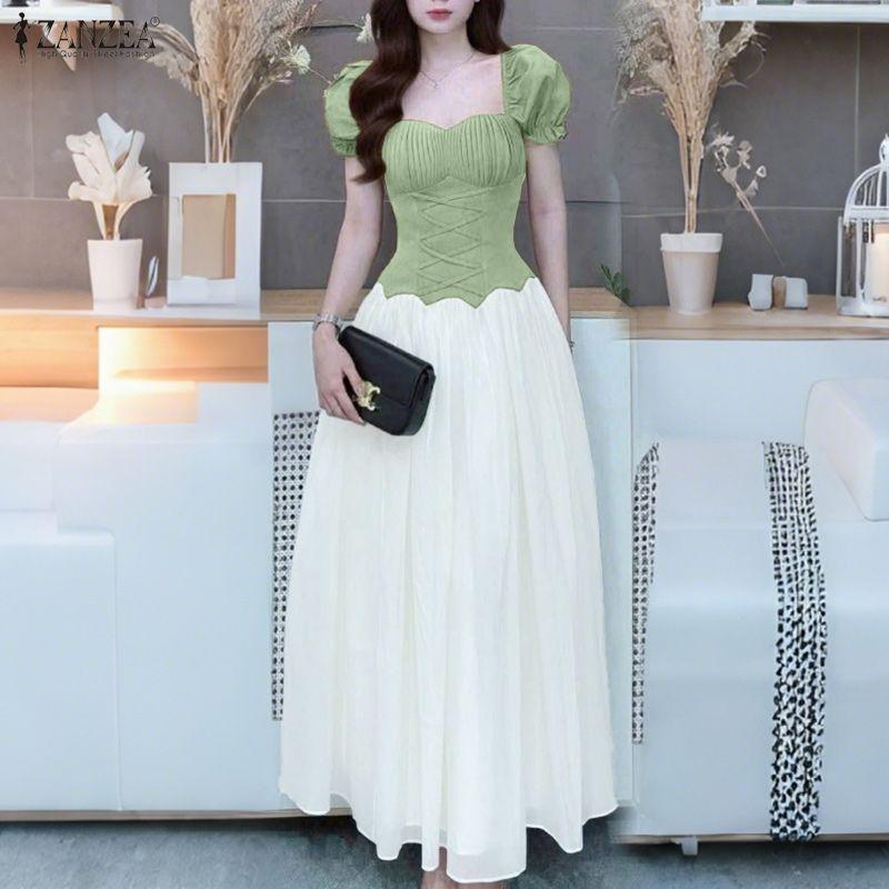 ZANZEA Women Elegant Square Collar Casual Short Sleeve Splice Long Dress