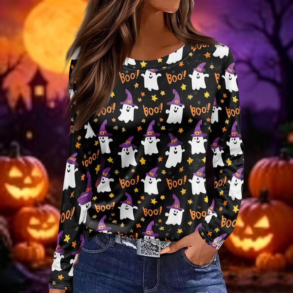 Women's Fashion Long Sleeve Top Halloween Print Round Neck Split Hem Casual Blouse Lightweight Comfortable Fit Seasonal Shirt