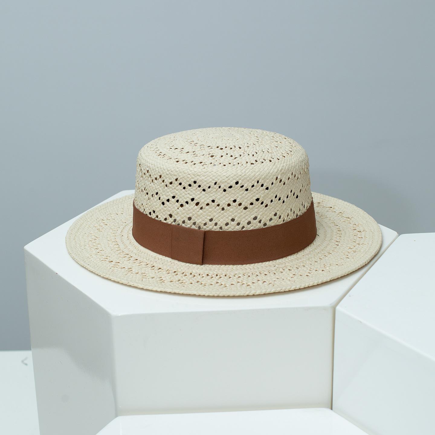 

Women s Wide Brim Paper Straw Flat Top Hat, Hollow Handwoven Breathable, Outdoor UV Protection Sun Cap, Trendy Beach Hat M 54-58cm коричневий
