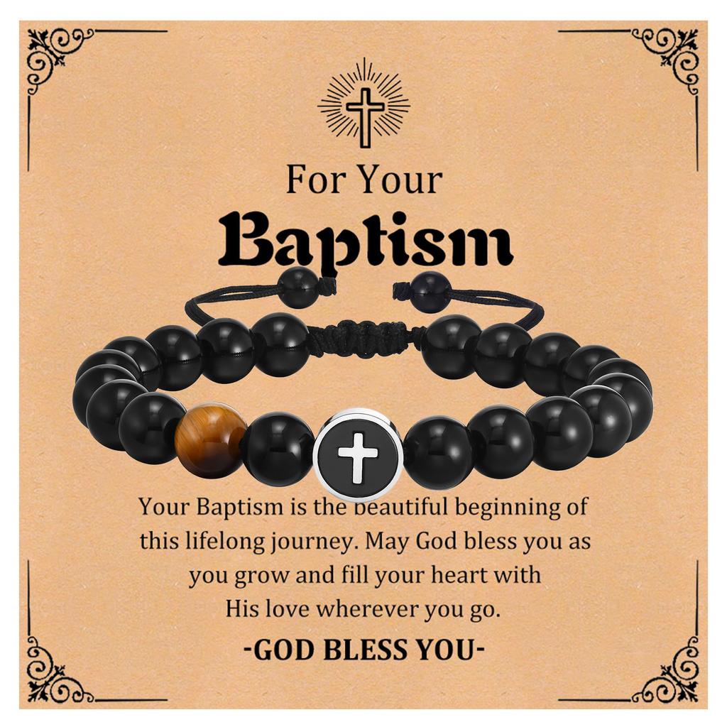 Easter Men's Bracelet,Cross Charms Beaded Bracelets,Adjustable Black Onyx Beaded Wristaband,Father's Day Baptism Scripture Card
