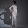 Sexy Women Patchwork Yoga Bodysuit Oil Glossy Shiny Open Crotch Shaping Tights Sheer See Through Cosplay Maid Leotard