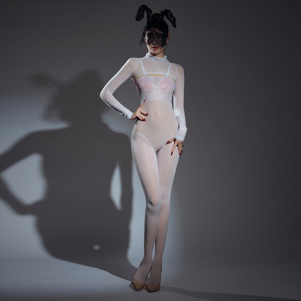 Sexy Women Patchwork Yoga Bodysuit Oil Glossy Shiny Open Crotch Shaping Tights Sheer See Through Cosplay Maid Leotard