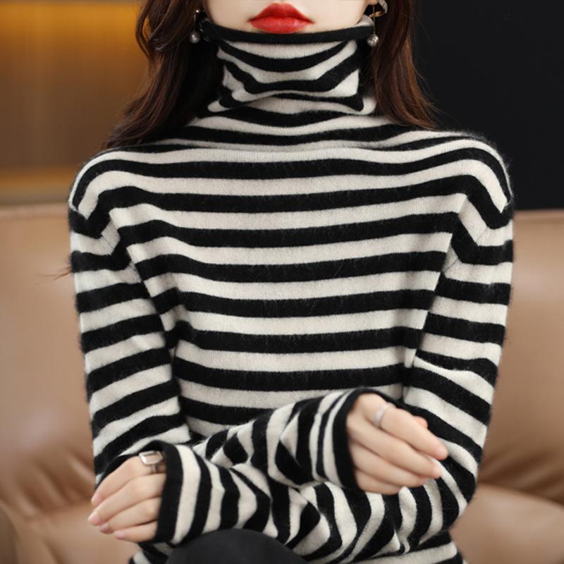 Women's Clothing Autumn and Winter New Casual Striped Loose Pile Neck Sweater Korean Version Color Matching Knitted Bottoming Shirt