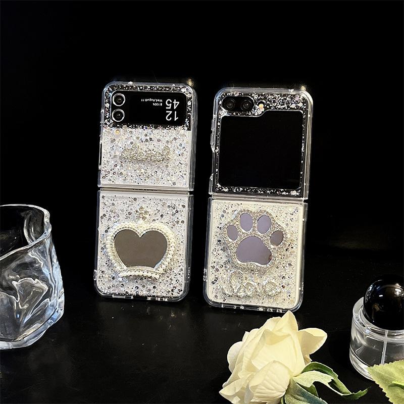 Transparent Phone Case for Samsung ZFold6 Foldable Screen, ZFlip5 Flip Style Galaxy Heart-shaped Cat Claw Mirror