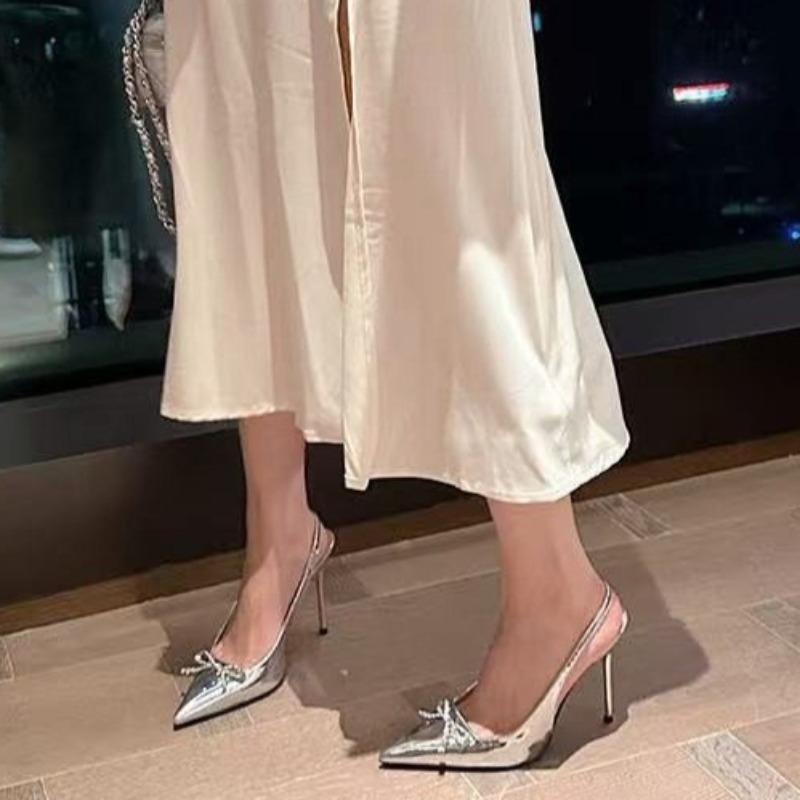 Summer New Baotou Sandals Women's Pointed Head Shallow Mouth Rhinestone Butterfly Knot Anti-slip Wear-resistant High Heels