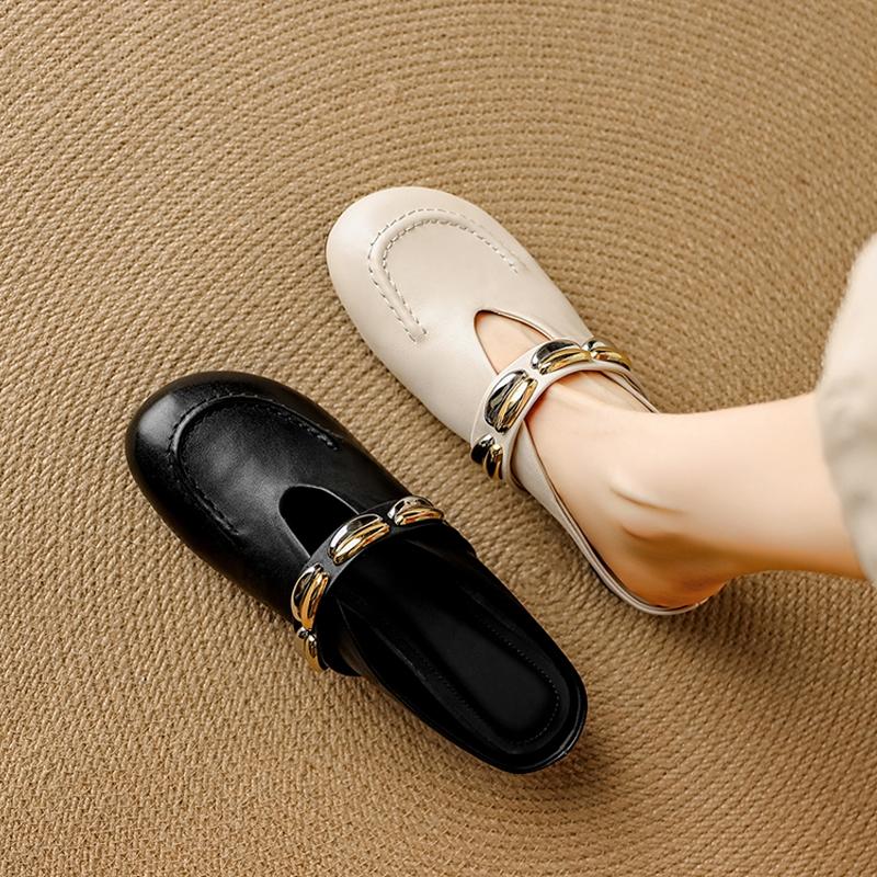 Fashion Women's New Summer Leather with Increased Height Metal Belt Buckle, Middle Heel and Toe Cover, M Ü Ller Slippers