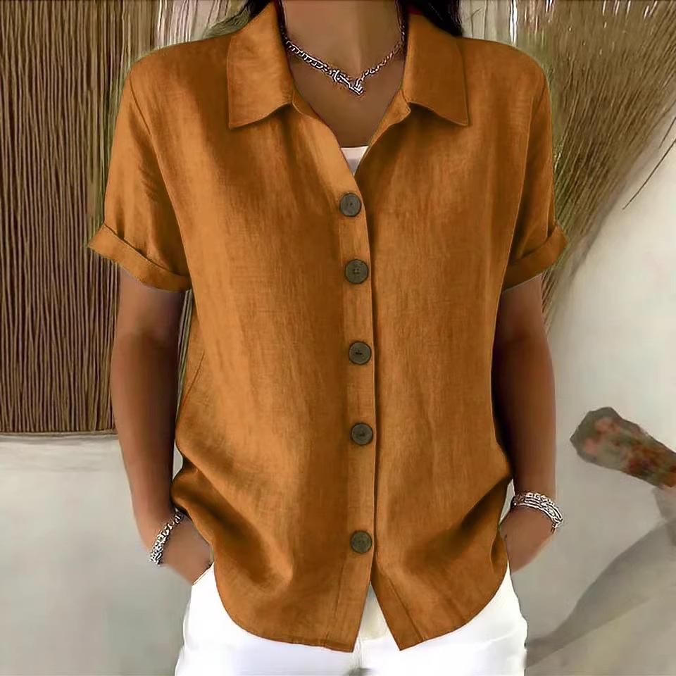 2026 European-American Summer Solid Color Lapel Button Casual Loose Short Sleeve Shirt
