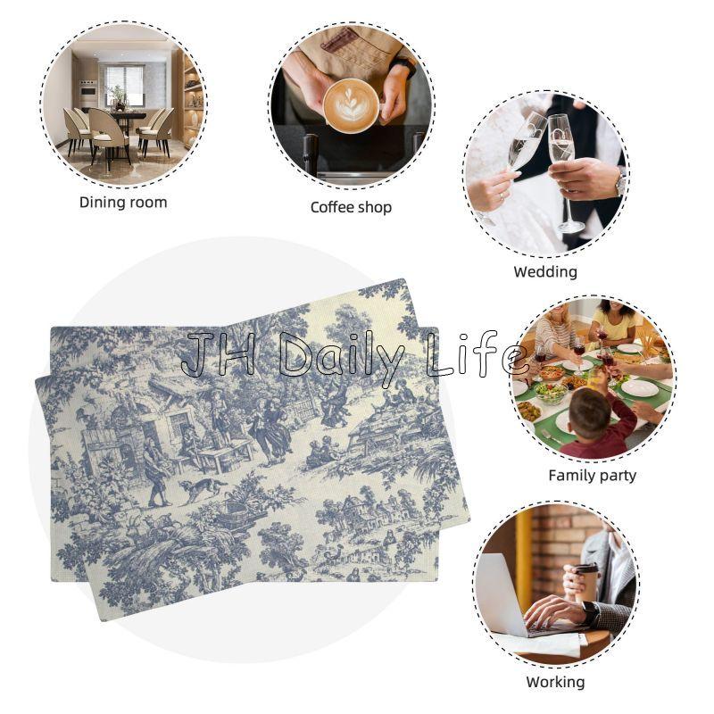 French Toile De Jouy Placemats Sets of 4 Waterproof Heat Resistant Linen Table Mats for Home Party Dining Table Decor 12x18 Inch