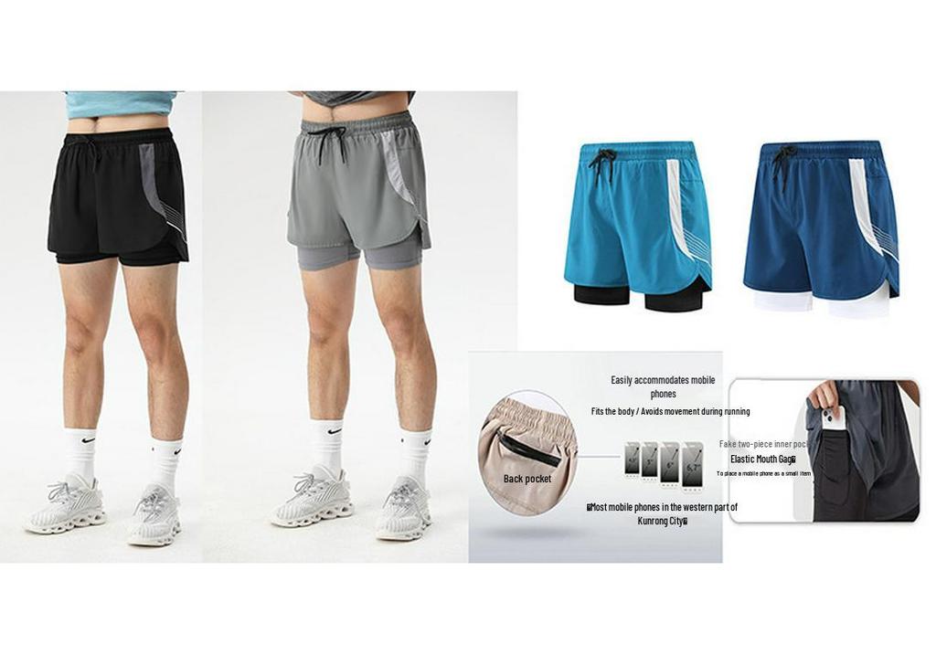 Men's Quick-Dry 3/4 Running Shorts with Phone Pocket, Layered Design, Anti-Exposure Fitness Pants for Morning Runs.
