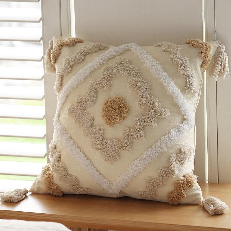 Bohemian Baumwoll-Leinen Bauernhaus Kissenbezug Webspitze Quaste Kissenhülle Bettkopf Sofa Kissenbezug Heimdekoration 45×45CM