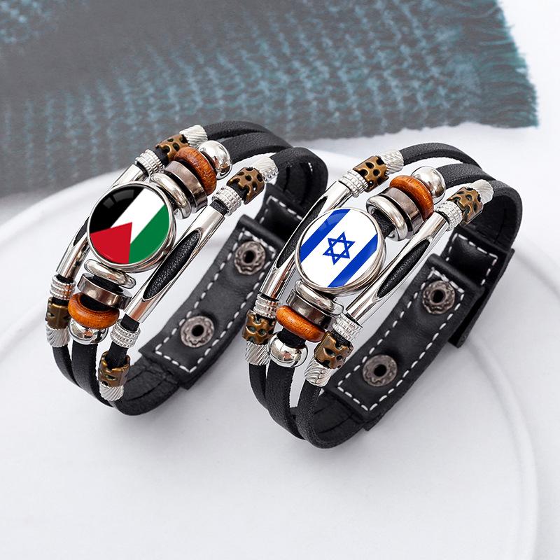 Factory National Country Flag Design Bracelet Crystal Bead Snap Button Sports National Team Jewelry Gift Leather Wrap Bracelet
