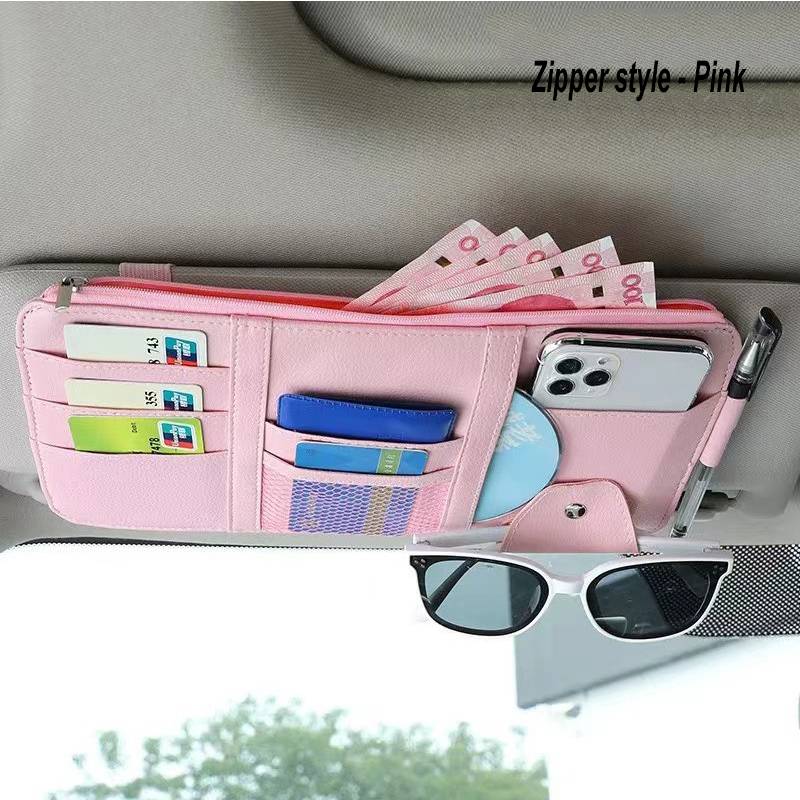 PU Leather Car Sun Visor Organizer Multi-Pocket Auto Storage Pouch With Sunglasses Clip For Card Phone Car Interior Organization