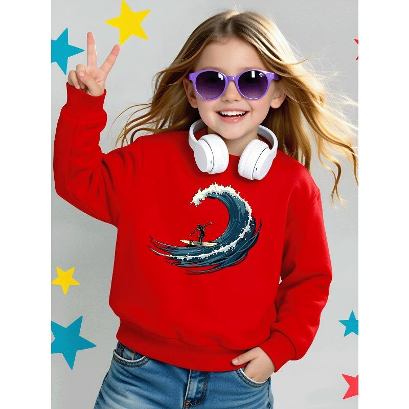 Kids Sweatshirt Crewneck Sweatshirt Surfer Riding Enormous Wave Pattern Print Machine Washable, Spring And Autumn