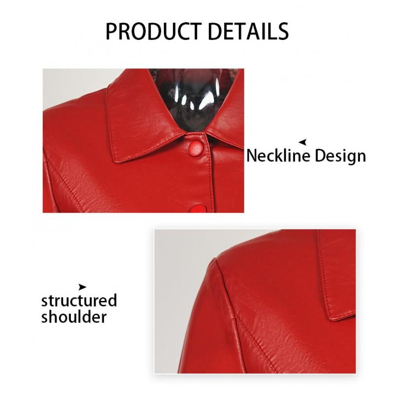Womens PU Leather Trench Coat Mid-Length Slim Fit Turn-Down Collar Elegant Office Wear 2026