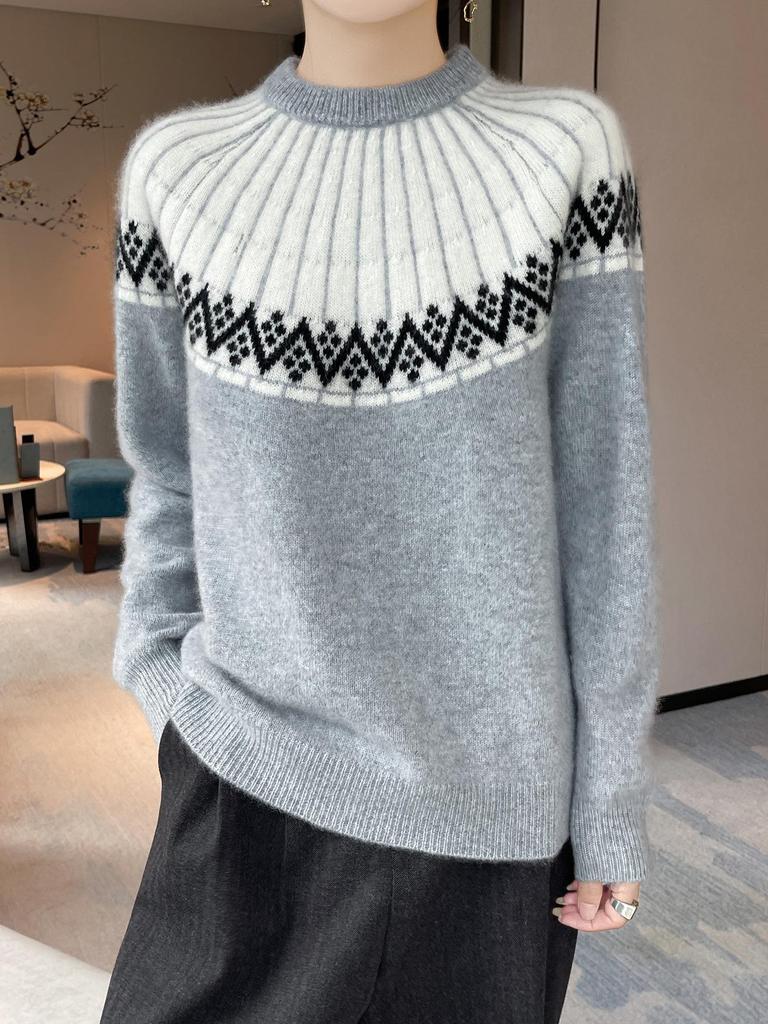 Autumn/Winter 100% Pure Wool Versatile Color Block Long Sleeve Sweater for Women - Soft, Loose Fit Jacquard Design