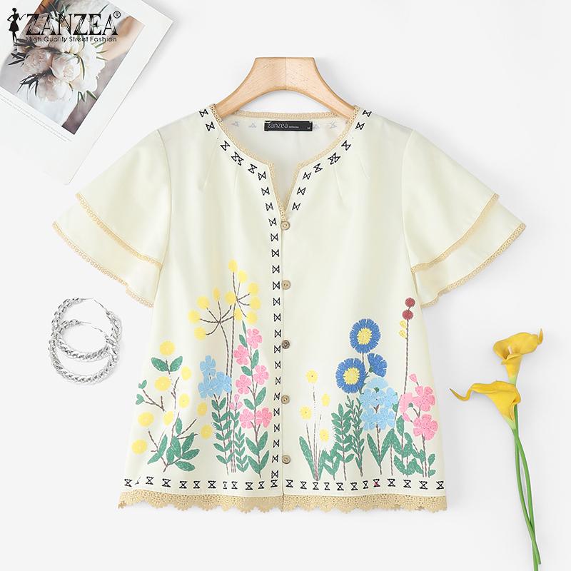 ZANZEA Women Summer V-Neck Casual Floral Print Short Sleeve Blouse
