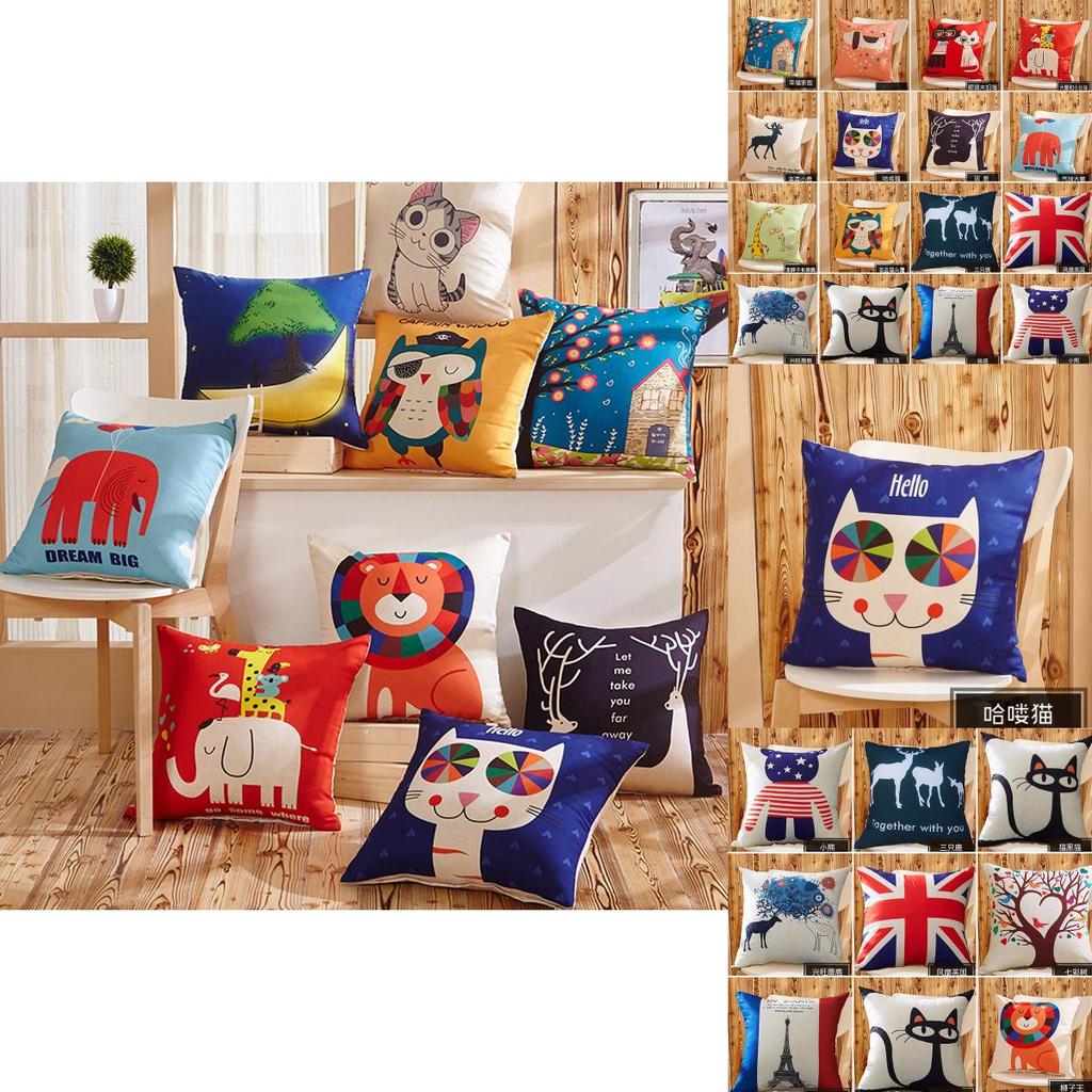 Elegant Cotton Linen Cartoon Animals Pillow Cases With Lion Cat Deer Print For Home Decor