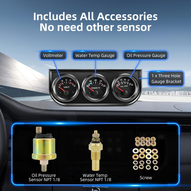 3 in 1 Car Meter Kit 52mm Water Temp Gauge Voltmeter Oil Press Black Bezel Triple Gauge Set trument For Car Marine Trucks