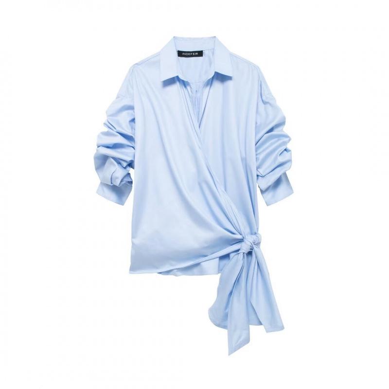 

Женская летняя уличная мода рубашка поплин с бантом - европейский и американский стиль Small небесно-голубой