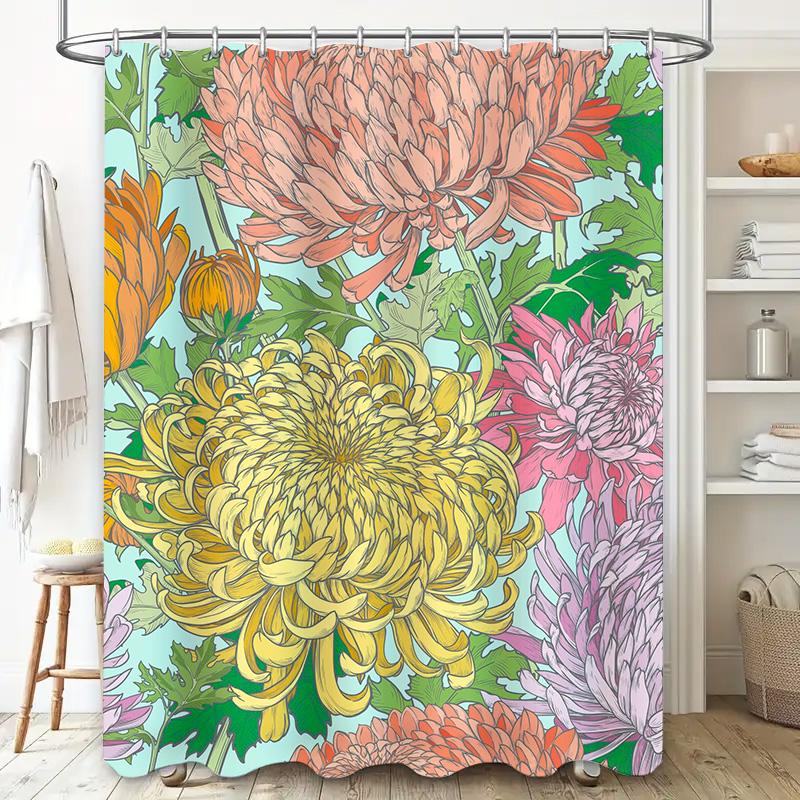 Floral Shower Curtain Bath Mat Decor With Chrysanthemum Design, Pink Yellow Green White Purple Colors, Waterproof Fabric For Bat