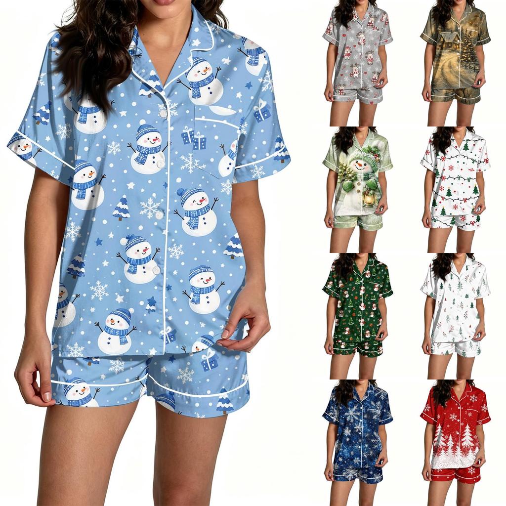Women's Christmas Pajama Set Short Sleeve Button Down Shirt and Shorts Sleepwear Set
