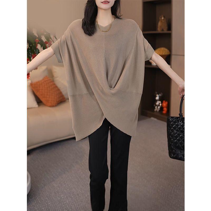 Dámské letní pletené topy s křížovým designem pro větší velikosti, dámské ležérní volné tričko s netopýřím rukávem