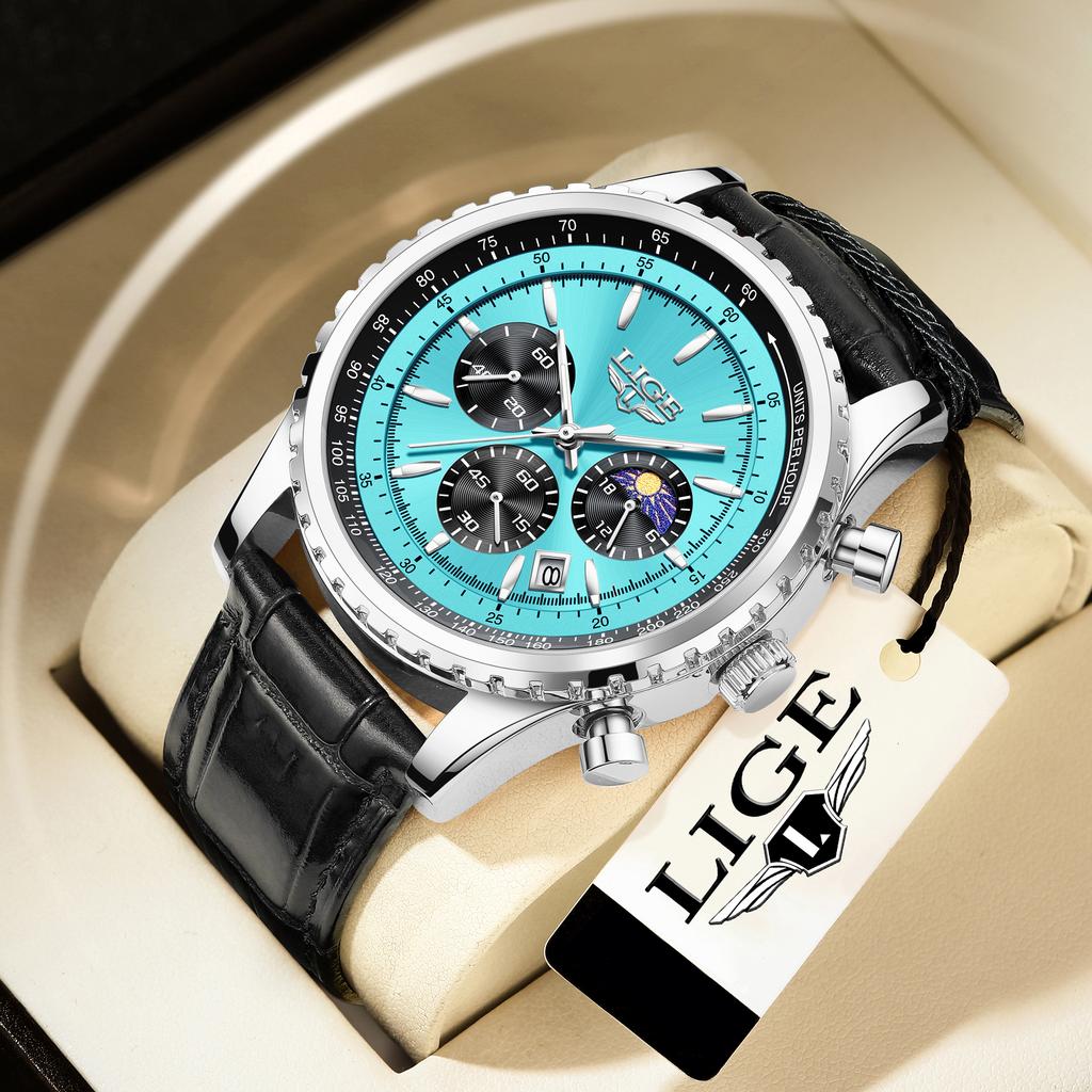 LIGE Luxury Men's Quartz Watch Casual Leather Chronograph Waterproof Sport Business Date Display Men's Wristwatch Clock