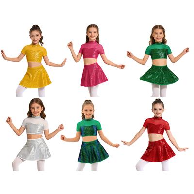 Children Girls Sequins Jazz Latin Dance Dress 2PCS Contemporary Dancewear Open Back Crop Top with Skirt Set