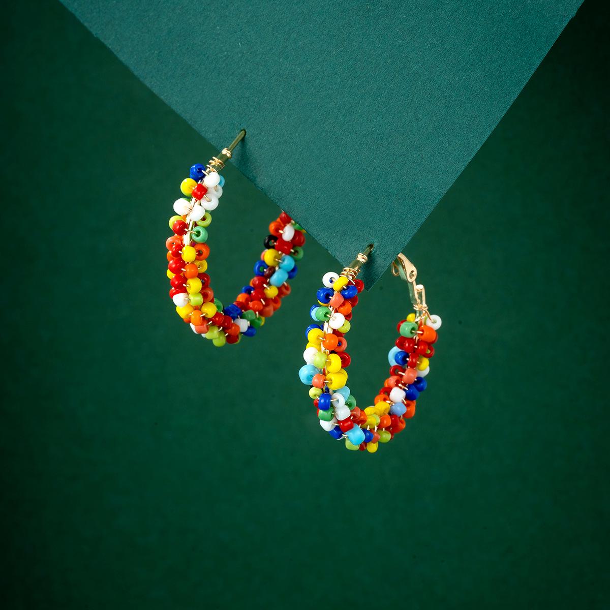 

Bohemian Colorful Seed Bead Large Hoop Earrings with Geometric Metal Accents for Women