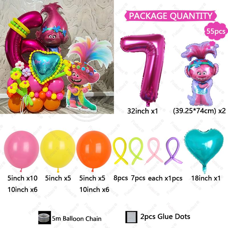 55pcs Troll Foil Helium Balloons Kit Birthday Magic Hair Theme Party Decorat Baby Shower Kids Toys Supplies Air Globlos Balloon