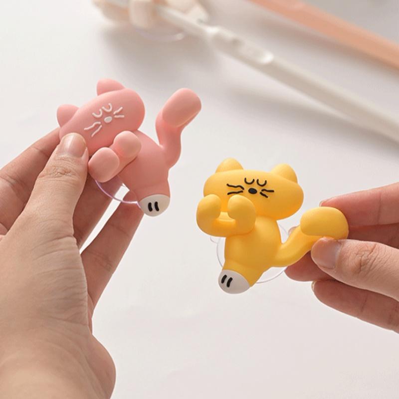 Adorable Cat Silicone Suction Cup Toothbrush Holder Wall Mounted Easy Clean Waterproof Bathroom Storage Accessory