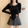 women floral applique ruched knit top square neck long sleeve form fitting casual solid color asymmetrical hem blouse