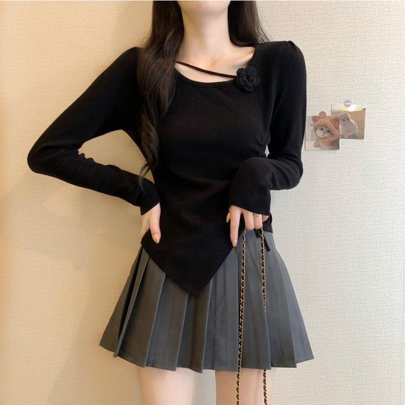 women floral applique ruched knit top square neck long sleeve form fitting casual solid color asymmetrical hem blouse