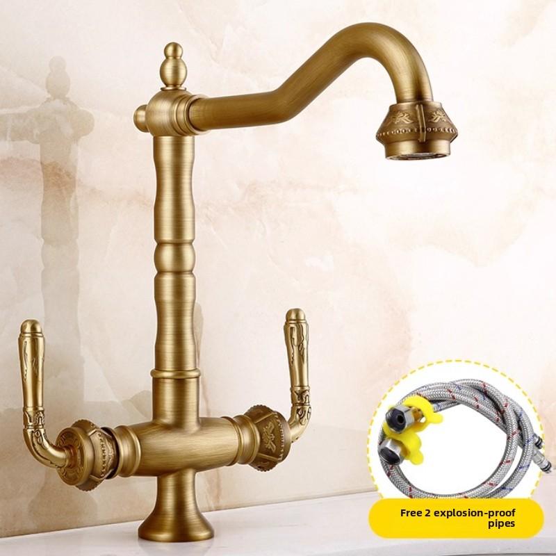 Basin Faucets Solid Brass Vintage Antique Bathroom Faucet Single Handle 360 Degree Swivel Spout Hot Cold Water Basin Mixer Tap