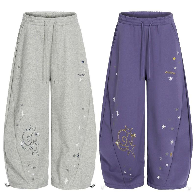 Mens Fleece Wide Leg Pants Star Print Streetwear Sweatpants Loose Fit Winter Trousers