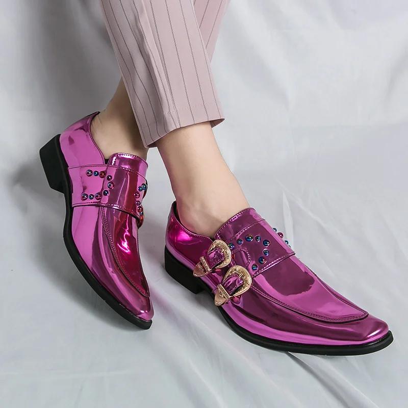 FashionHot Luxury Pink Mens Patent Leather Shoes Designer High Quality Pointed Chelsea Formal Shoes Man Dress Wedding Party Shoes Men
