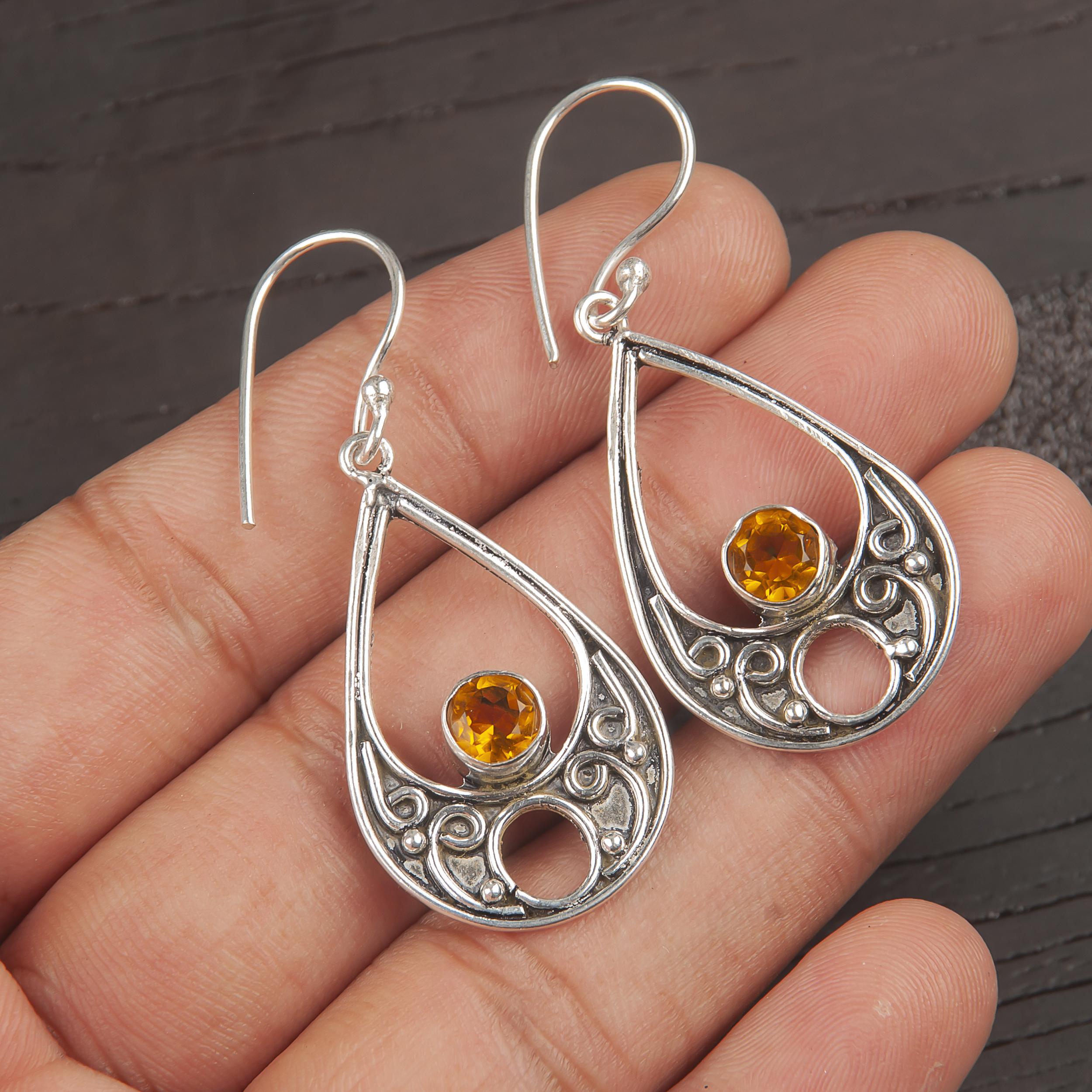 

Citrine Earrings, 925 Solid Sterling Silver Gemstone Jewelry, Handmade Earrings, For Thanksgiving 1.91 Inches жовтий