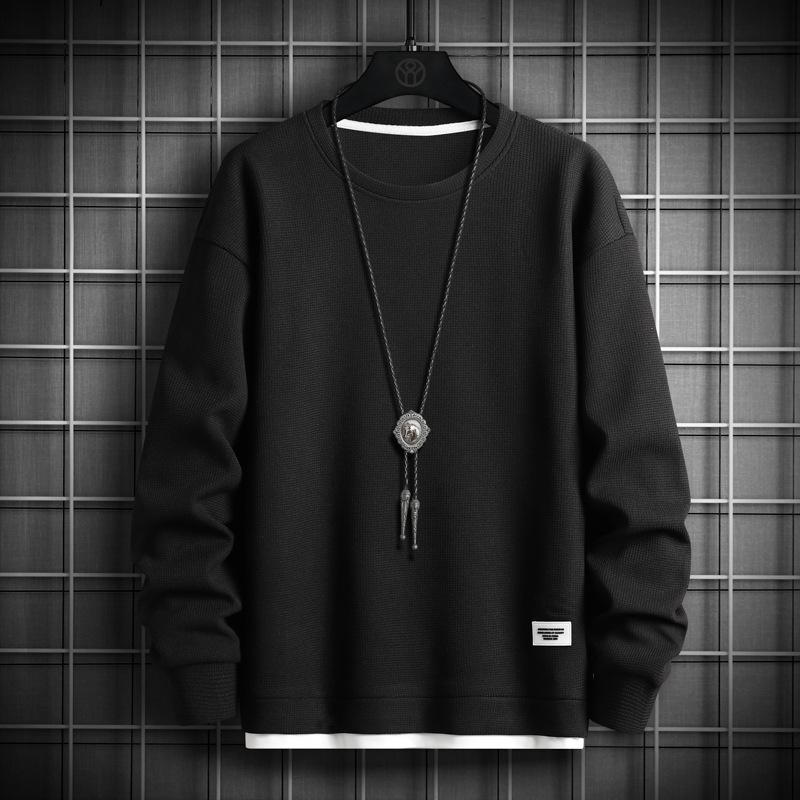 Erkek Trend Waffle Sahte İki Parça Sweatshirt Sonbahar Yeni Genç Gevşek Yuvarlak Yaka Uzun Kollu Tişört Erkek İçin