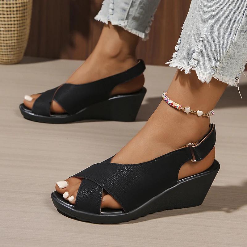 Fashion Rome Style Cross Strap Balck Wedge Sandals Women New Back Strap High Heel Sandal Woman Summer 2025 Peep Toe Pu Leather Mujer
