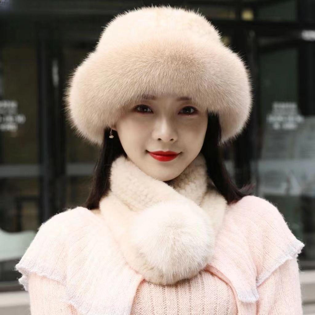 Women's Hat Faux Fox Fur Hat Winter Extra Thick Ladieswear Style Mongolian Beret Scarf and Baotou Basin Hat Wind and Snow Hat