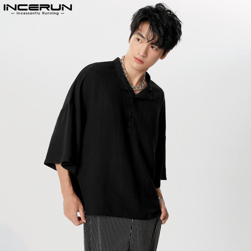 

INCERUN Мужские рубашки хенли с рукавом 3/4 и воротником-стойкой, повседневные топы чёрный