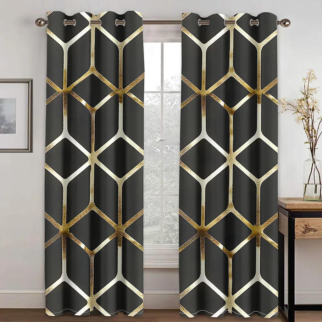 3D Customize Size Cheap Black Abstract Geometric Thin Windows Curtains for Living Room Bedroom Kitchen Office Decor 2Pieces