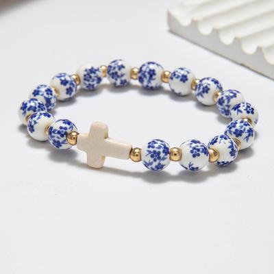 Chinese-style Vintage Elegant Floral Porcelain Bead Bracelet Letter and Cross Bead Bracelet