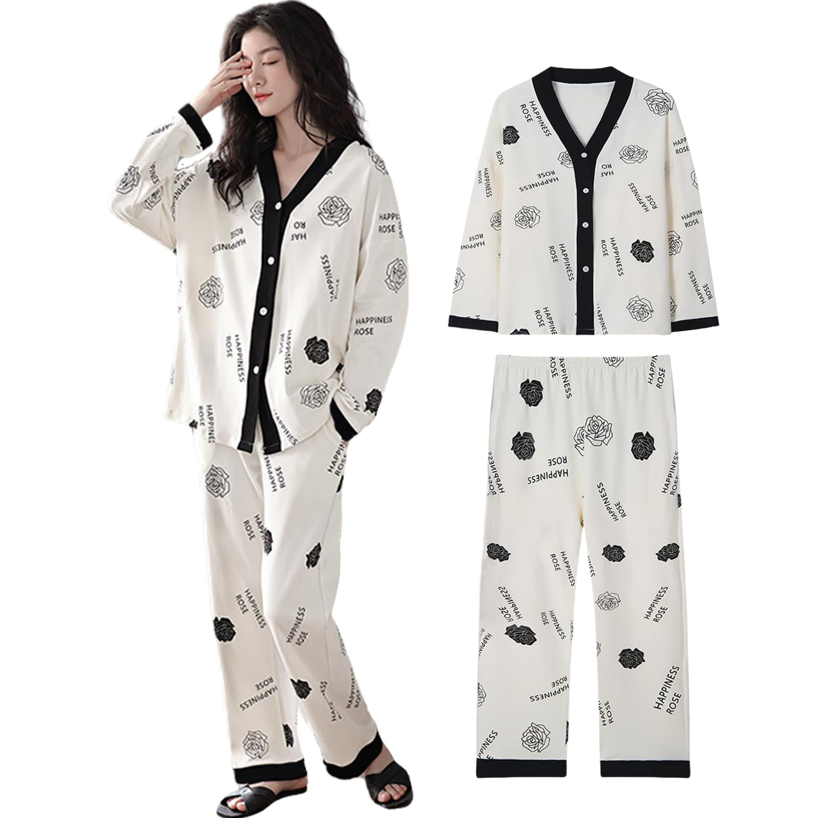 

Tiernyueth Long Sleeve Pajama Thin Front Soft to the Loose Elastic Lazy Perfect for and Winter Women s V-Neck Set, Print, Opening, Button-Down Design,