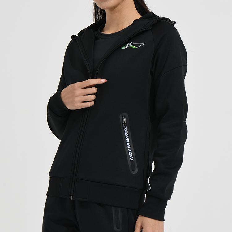 Li Ning Badminton Series Solid Color Printed Logo Zipper Hoodie Fleece Long Sleeve Sweatshirt Women Sweatshirt Black AWDSA04-2